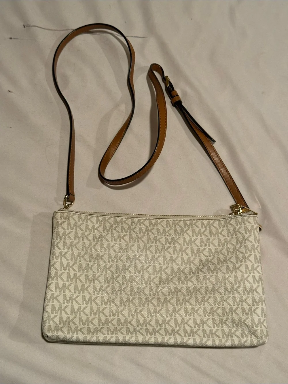 Michael Kors Cream and Brown MK Signature Crossbody